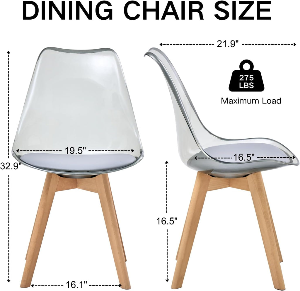 Acrylic Dining Chairs Set of 4, with Soft Cushion, Light Gray | Clear Acrylic Backrest With Soft Padded Seat, Sturdy Wooden Legs. Ideal For Kitchen And Living Room