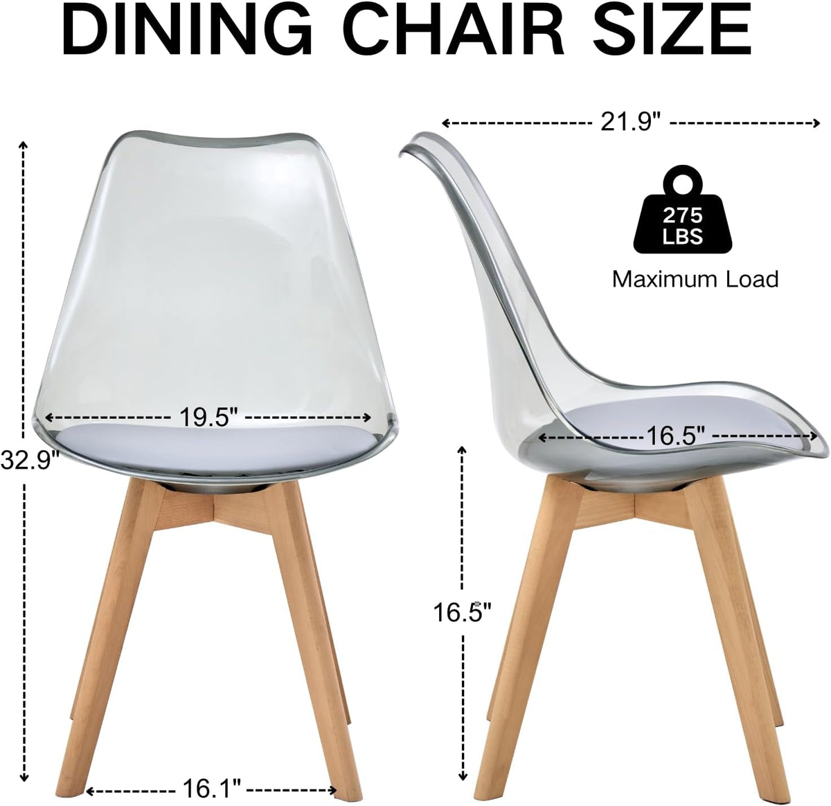 Acrylic Dining Chairs Set of 4, with Soft Cushion, Light Gray | Clear Acrylic Backrest With Soft Padded Seat, Sturdy Wooden Legs. Ideal For Kitchen And Living Room