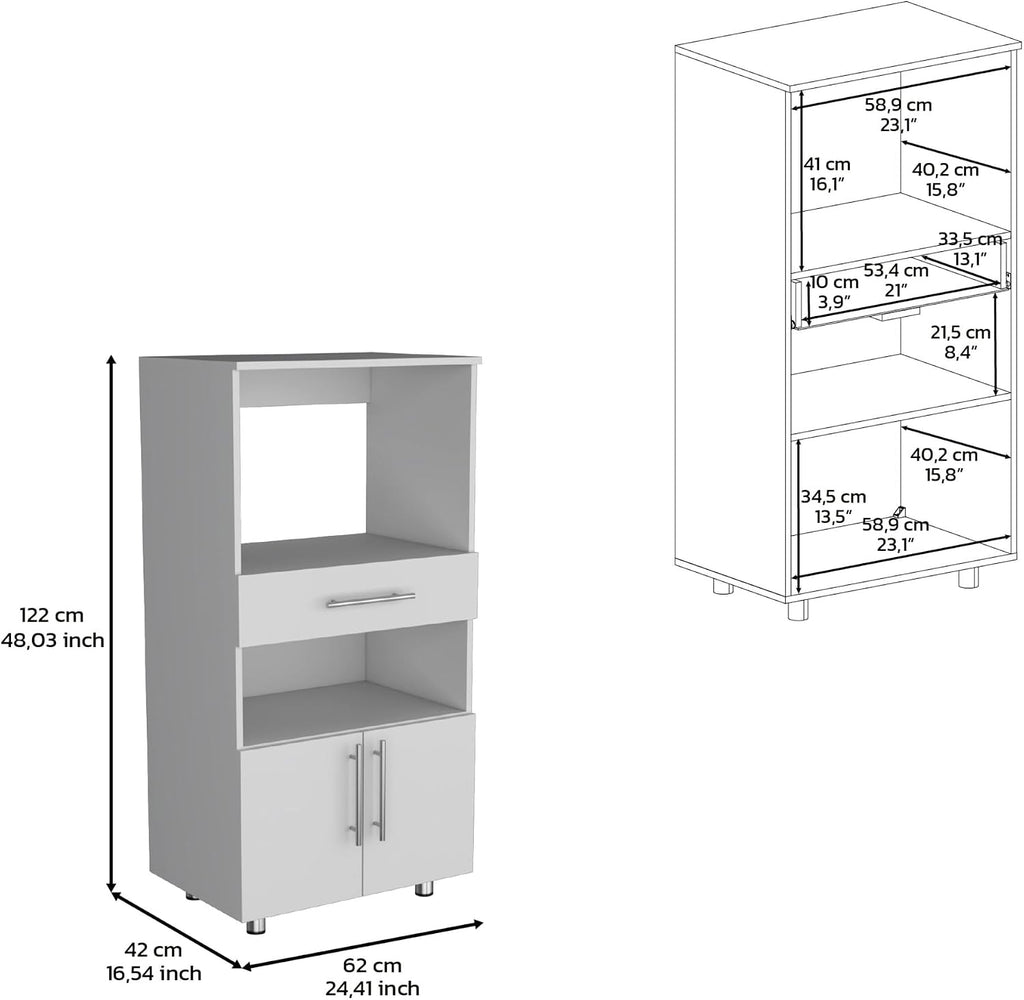 Kitchen Pantry 48" H, Two Open Storage Shelves, One for Microwave, Two Doors, Four Legs, White