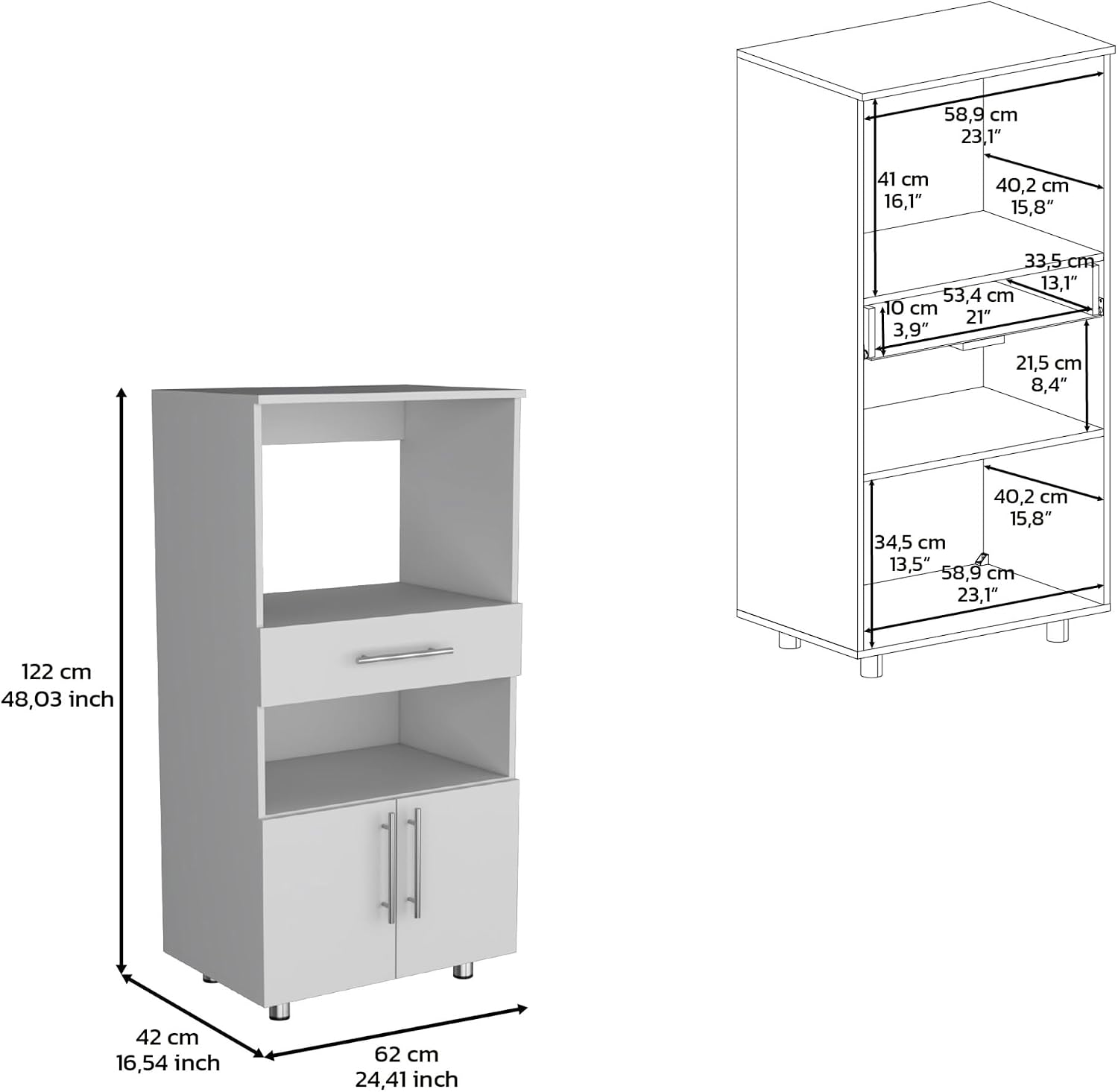 Kitchen Pantry 48" H, Two Open Storage Shelves, One for Microwave, Two Doors, Four Legs, White