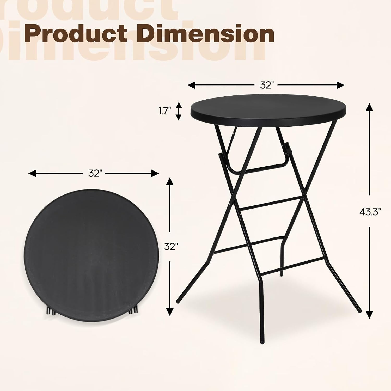 32" Round Folding Table, Portable Bar Height Folding Table with Detachable Legs, Round Foldable Table with HDPE Top for Standing Parties, Balcony, Event, Indoor Outdoor Use (Black, 2 Pack)