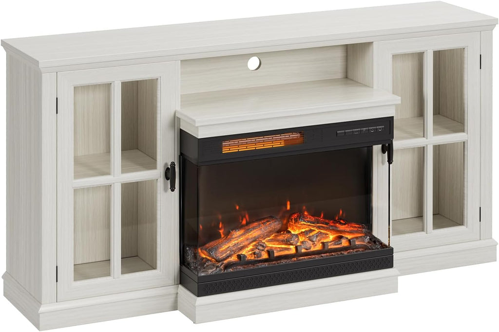 JUMMICO Fireplace TV Stand up to 65", 3-Sided Glass, Distressed White | Entertainment Center with Cabinet Storage, Adjustable Flame and LED Colors, Media Console for Living Room