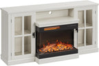 JUMMICO Fireplace TV Stand up to 65", 3-Sided Glass, Distressed White | Entertainment Center with Cabinet Storage, Adjustable Flame and LED Colors, Media Console for Living Room
