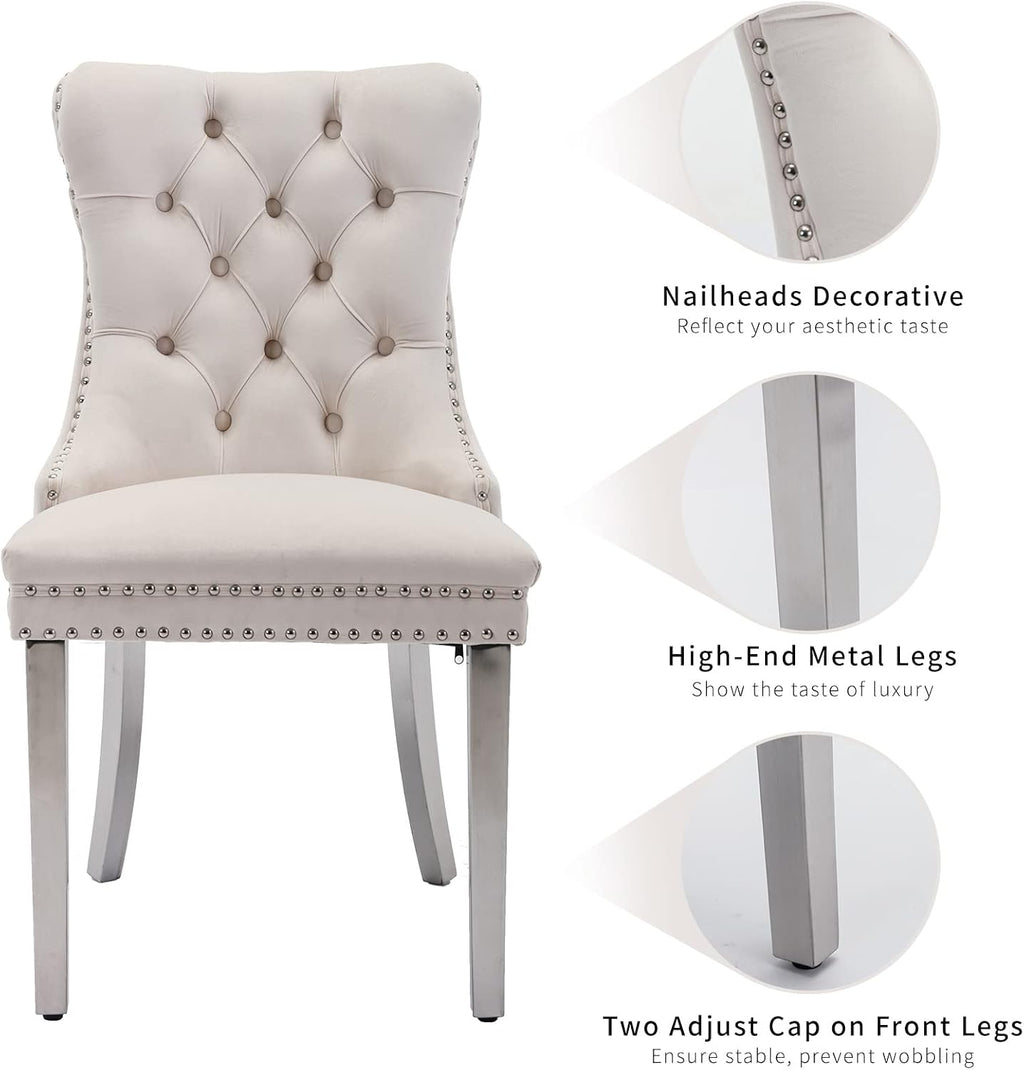 ODUSE-DAILY Velvet Dining Chairs Set of 8, Kitchen & Dining Room Chairs Set of 8, Tufted Dining Chairs, Velvet Upholstered, Chrome Metal Legs (Beige, 8Pcs)