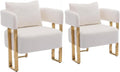 YITAI Modern Accent Chairs no Wheels, Living Room Side Chairs Set of 2 with Golden Metal Legs, Barrel Soft Teddyt Upholstered Reading Armchairs for OfficeReception RoomBedroomLounge,White