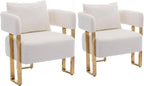 YITAI Modern Accent Chairs no Wheels, Living Room Side Chairs Set of 2 with Golden Metal Legs, Barrel Soft Teddyt Upholstered Reading Armchairs for OfficeReception RoomBedroomLounge,White