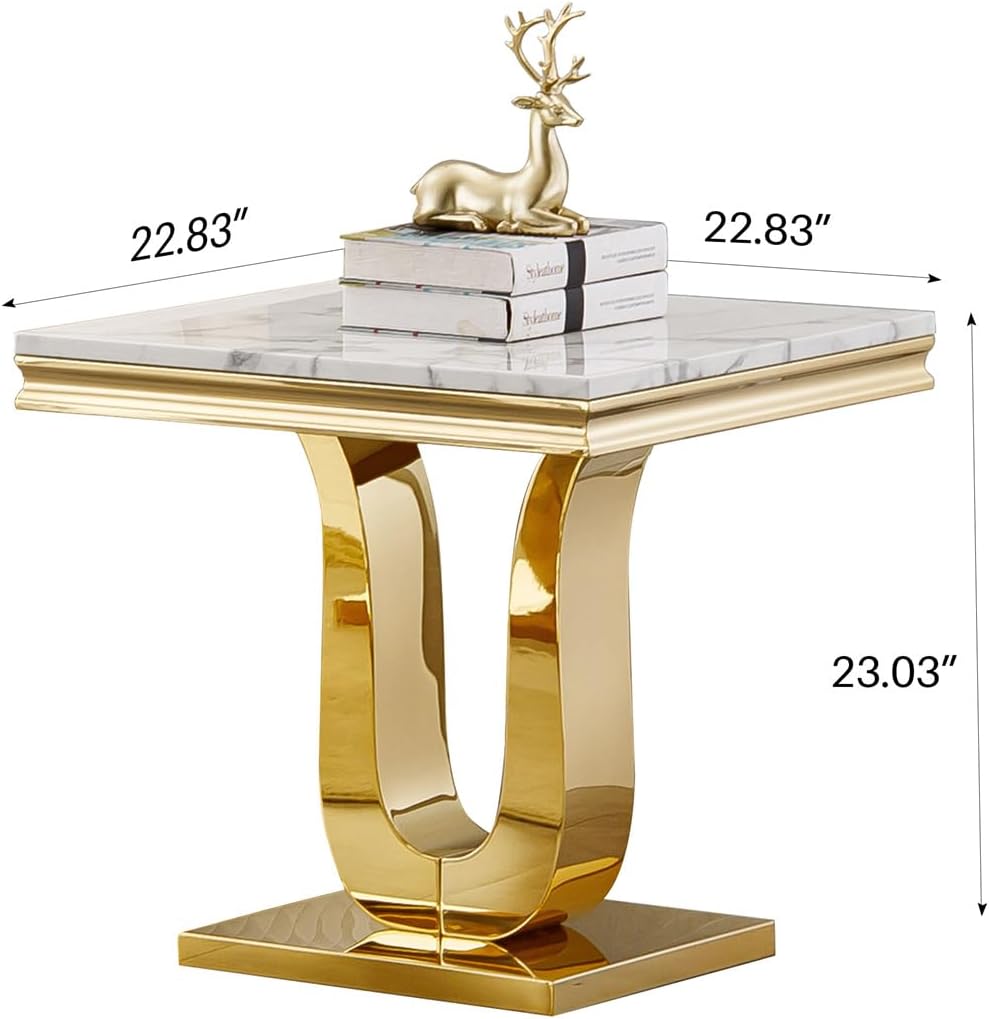 23'' Faux Marble End Table with High-Gloss U Base, Rectangular Marble Top Sofa Side Table for Living Room Office, Modern White Gold Accent Table with Stainless Steel Frame