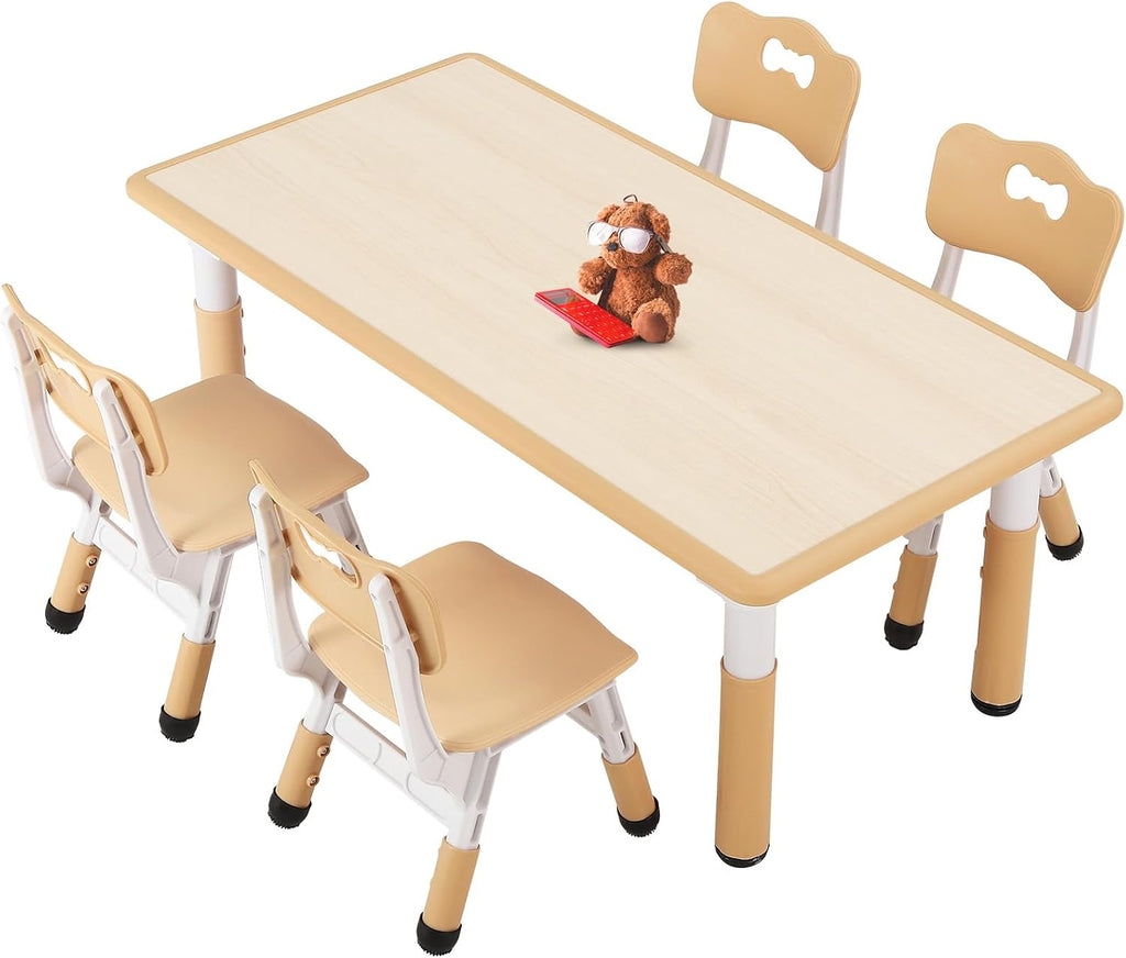 FUNLIO Kids Table and 4 Chairs Set and Adjustable Kids Chair (2pcs), Easy to Wipe Arts & Craftfor Classrooms/Daycares/Homes, CPC & CE Approved - Natural