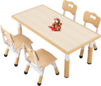 FUNLIO Kids Table and 4 Chairs Set and Adjustable Kids Chair (2pcs), Easy to Wipe Arts & Craftfor Classrooms/Daycares/Homes, CPC & CE Approved - Natural