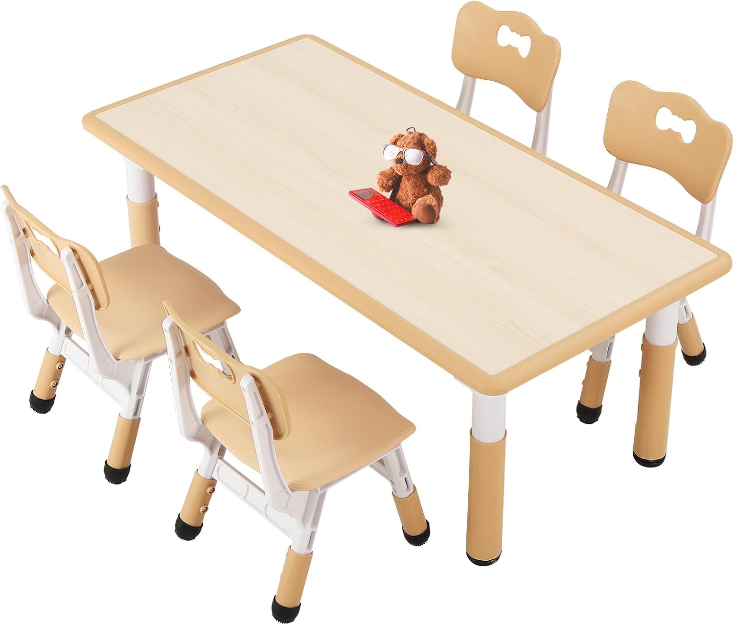 FUNLIO Kids Table and 4 Chairs Set and Adjustable Kids Chair (2pcs), Easy to Wipe Arts & Craftfor Classrooms/Daycares/Homes, CPC & CE Approved - Natural