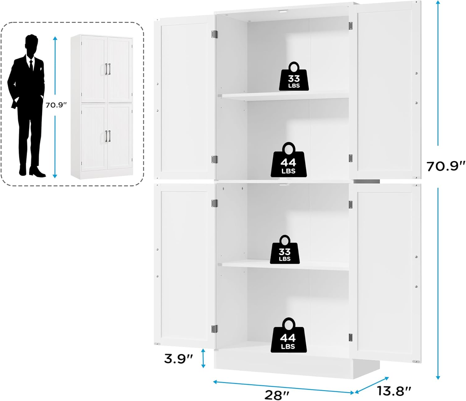 MHOM 71" Tall White Pantry Cabinet, Farmhouse Storage Cabinet with 4 Doors and Adjustable Shelves, Freestanding Pantry for Dining Room, Kitchen, and Living Room