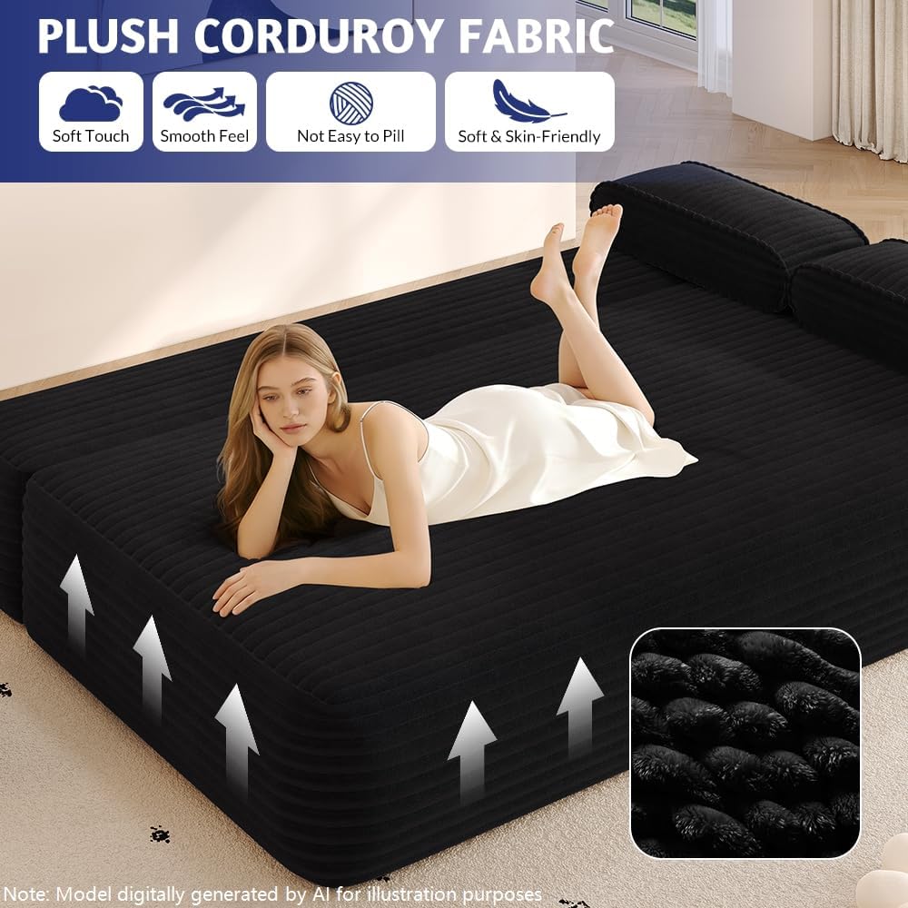 78.7'' Couches Queen, Corduroy Futon Sofa Bed, Modern Floor Couch, Cloud Convertible Sleeper Sofa Daybed, Comfy Loveseat, 3 Pillows, for Small Spaces, Living Room, Apartment, Black