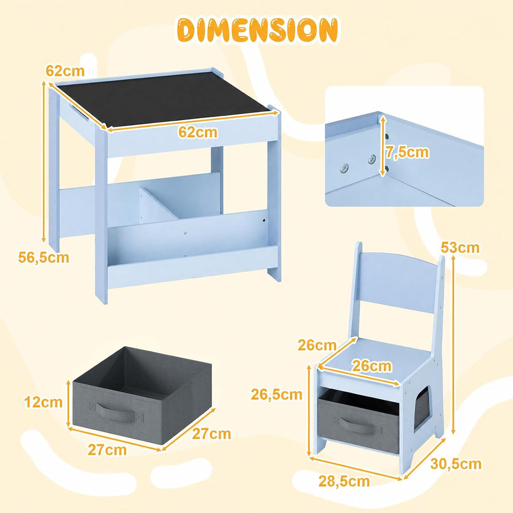 Children's Table with 2 Chairs Wood 3-Piece Furniture Set | Children's furniture set with shelf storage space and 4-in-1 painting table for children from 3 years