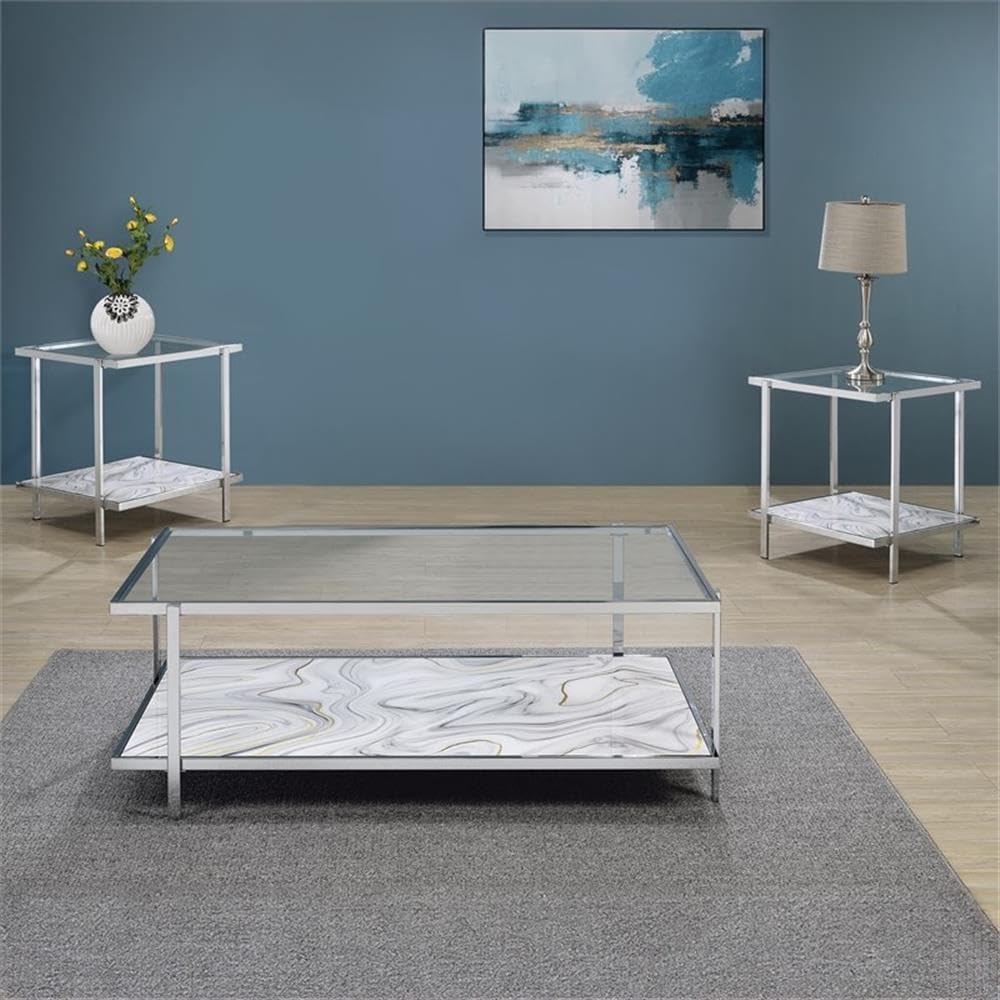 Pemberly Row Contemporary 3-Piece Coffee & End Table Set, Engineered Wood and Chrome, Tempered Glass Tops, Faux-Stone Pattern, Living Room Furniture Set with Storage Shelves