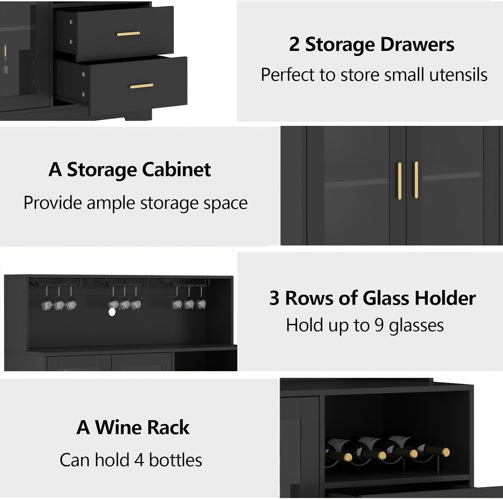 Bar Cabinet for Home with LED Light,Coffee Bar Cabinet w/ Wine & Glass Rack | Wine Cabinets with Drawers & Microwave Stand, Modern Liquor Cabinets for Kitchen, Living Room, Dining Room (Black)