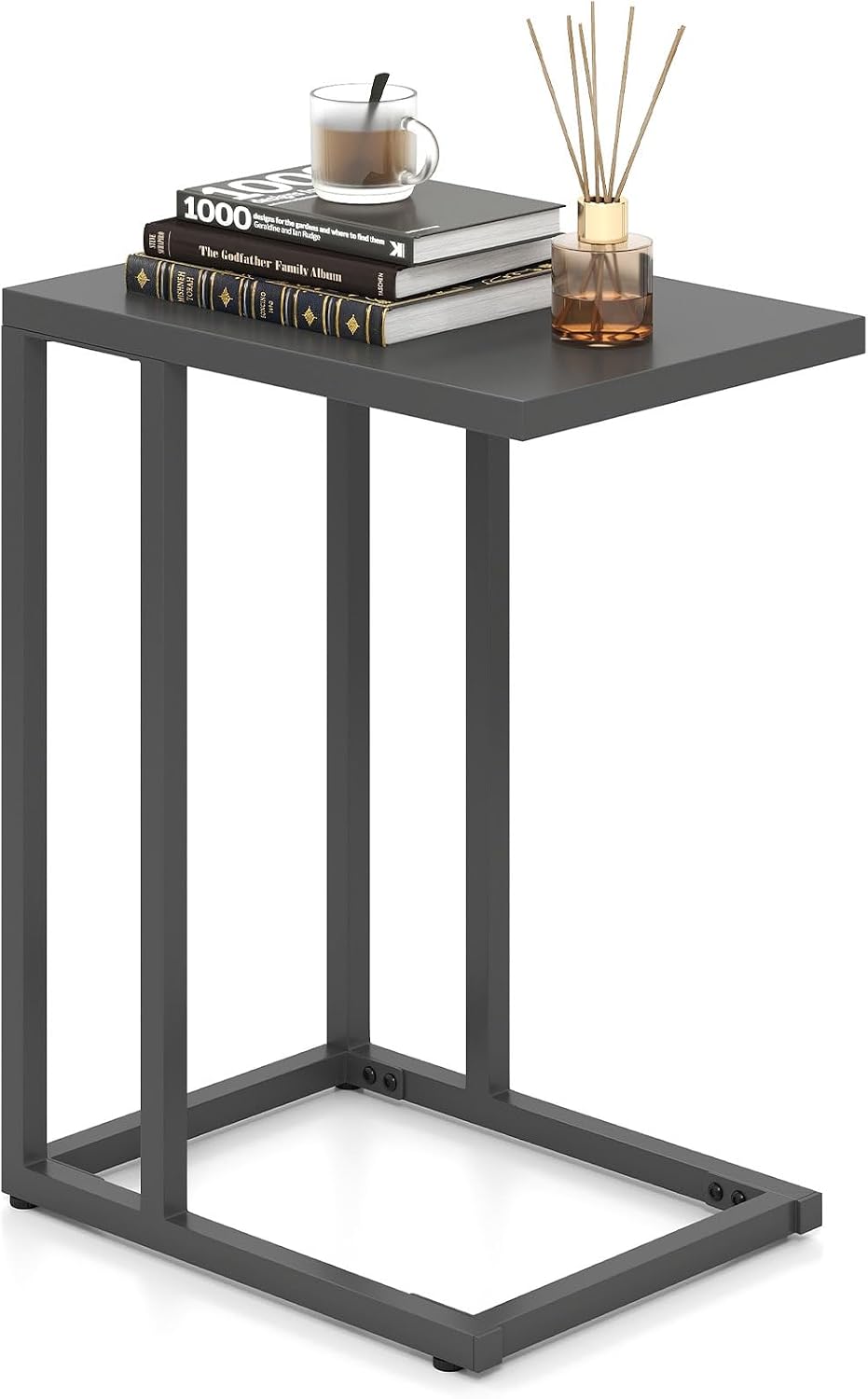 HAPPYGRILL C-Shaped Side Table with Metal Frame, Adjustable Foot Pads, Small Industrial End Table for Couch Sofa, Living Room Bedroom Office(1)