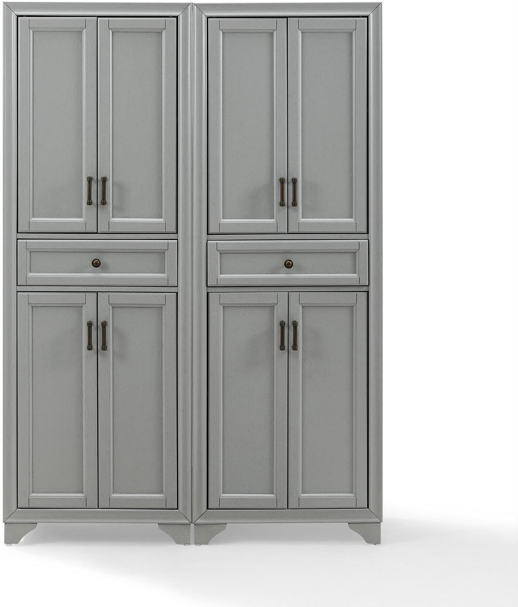 Maykoosh Pantry Cabinet Set, 2 Piece Storage Organizer, Distressed Gray, Metal Hardware