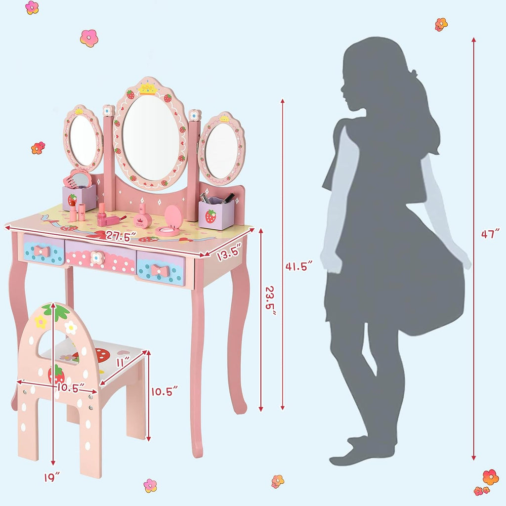Costzon Kids Vanity Table & Chair Set, 2 in 1 Princess Makeup Dressing Table w/Detachable Top, Toddler Vanity w/Tri-fold Mirror, Drawers & Accessories, Vanity Set for Little Girls, Pink