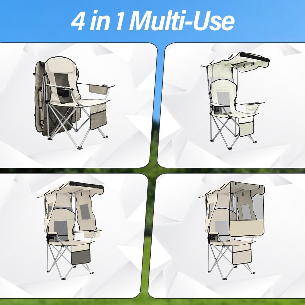 BESTHLS Camping Chair with Canopy Shade Portable Folding Beach Chairs with Cooler, Mesh Backrest, Cup Holder, and Pocket for Camping, Fishing, Beach, and Sports (White)
