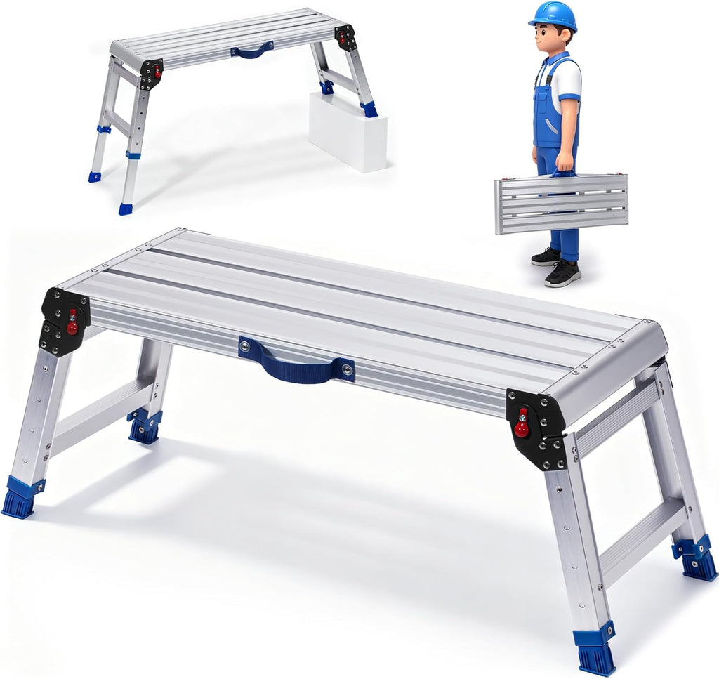 Aluminium Work Platform 660 Lbs, Portable Scaffolding Platform with One-Touch Automatic Fold, 4 Height Adjustment Step Stool, Perfect for RV Cleaning, Home Painting and Reaching High Places, Upgraded
