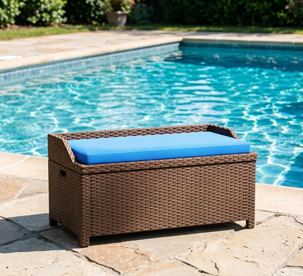 2-in-1 Outdoor Wicker Storage Bench with Cushion - 34 Gallon Patio Deck Box with Gas Struts - Weather-Resistant Aluminum Garden Bench for Porch, Pool & Backyard