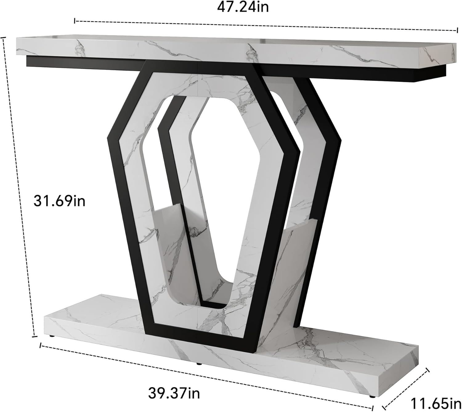 FUSUNBAO 47.3" Console Table,Openwork Bracket Sofa Table, Wood Narrow Entryway Table for Hallway, Behind The Couch, Living Room, Foyer, Easy Assembly（White Marble Texture）