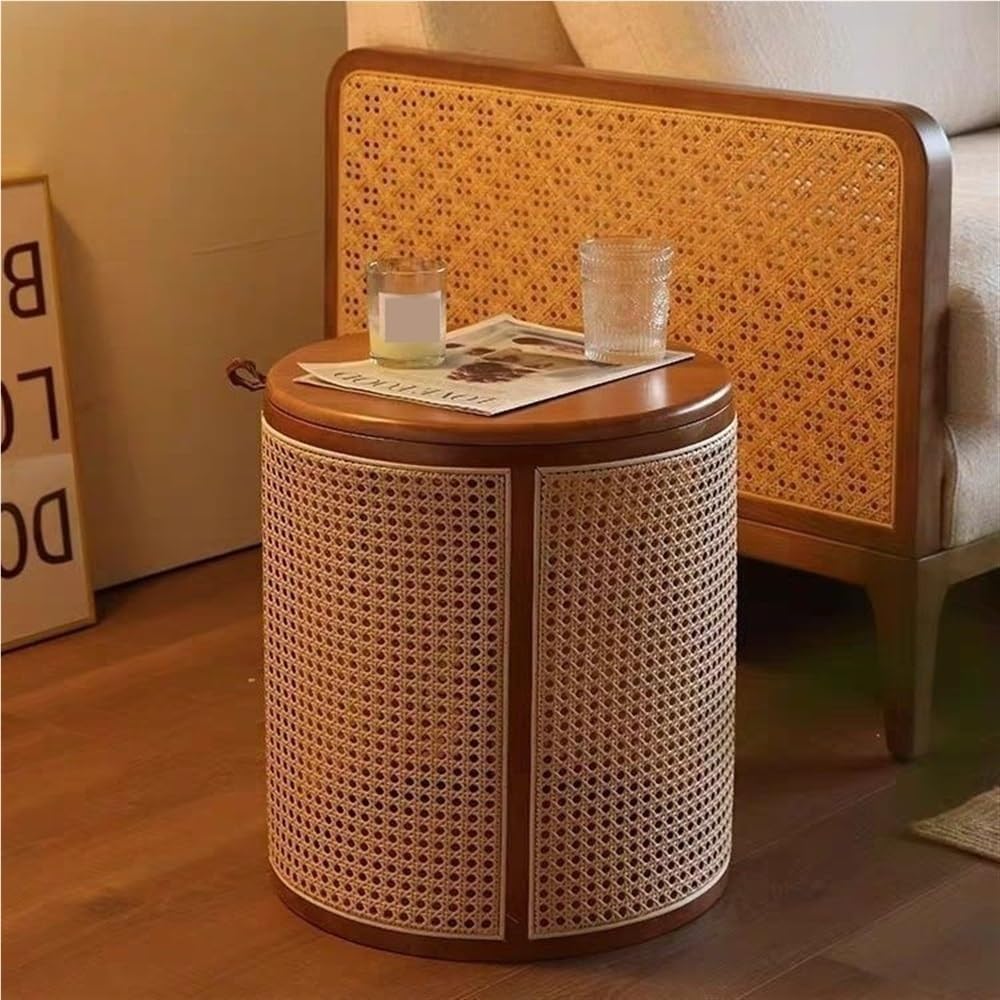 Round Wood Rattan Side Table Japanese Style Small Coffee Table with Storage Bohemian Vintage Balcony End Table for Living Room All Occasion(Natural)