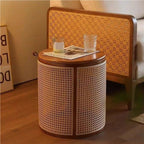 Round Wood Rattan Side Table Japanese Style Small Coffee Table with Storage Bohemian Vintage Balcony End Table for Living Room All Occasion(Natural)