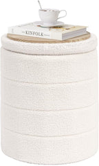 PINPLUS Round Storage Ottoman Foot Rest Stool with Tray Velvet Sherpa Folding Storage Ottoman,Boucle Foot Rest for Living Room, Bedroom, Dorm（Cream White）