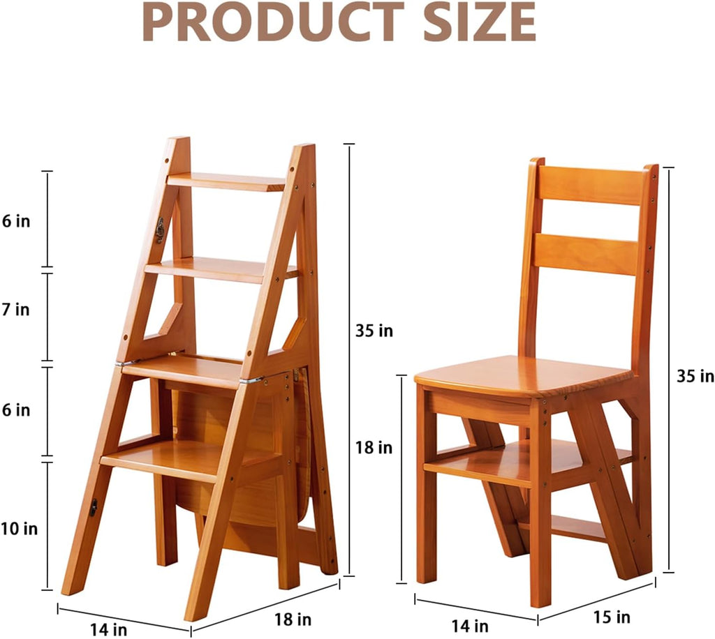 Solid Wood 3-in-1 Folding Ladder Chair, Convertible Step Stool & Display Rack, 4-Tier Multi-Functional Ladder, Dual Purpose for Home, Kitchen, Library, 265 lbs Capacity (Brown)