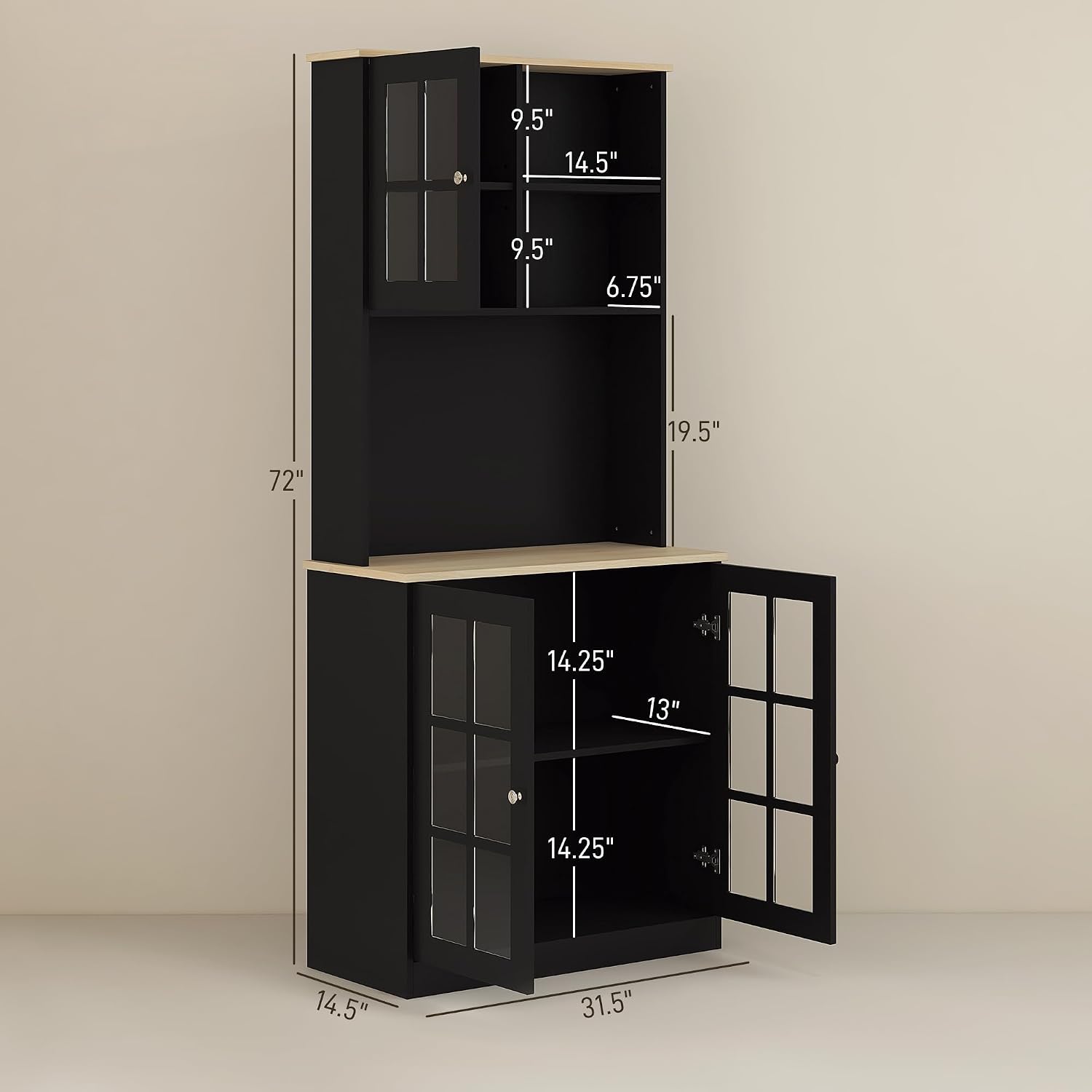 HOMCOM Kitchen Pantry Storage Cabinet 72" with Hutch, Black | Large Countertop, Freestanding, Glass Doors, Adjustable Shelves, Dining Room