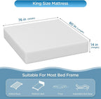 PayLessHere 14 Inch King Mattress Base Foam Mattress,Removable Soft Cover,Bunk Bed, Trundle, Daybed,White，Fiberglass Free