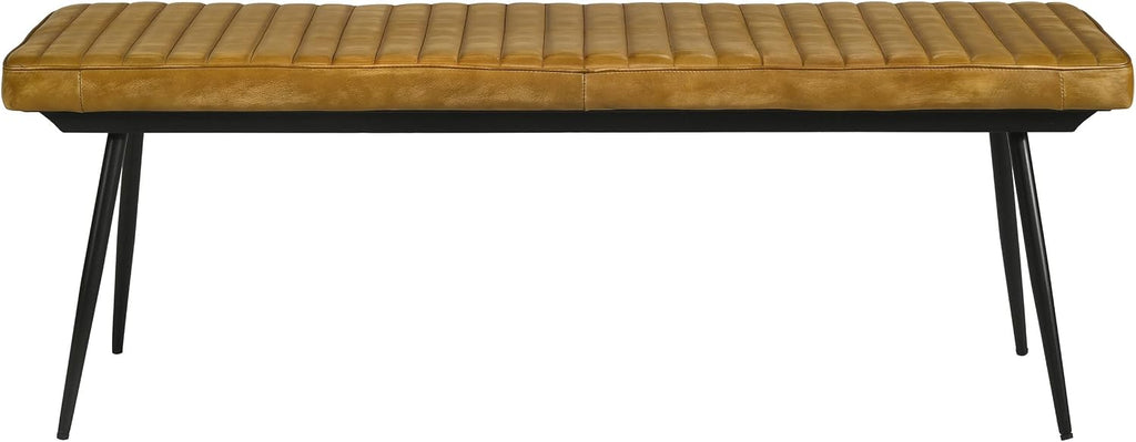 Pemberly Row Leather Upholstered Cushion Bench, 54"W x 15"D x 19"H, Camel Goat Leather, Black Metal Legs, Channel Tufted Design, Modern Farmhouse Style, Comfortable Seating for Dining Room or Bedroom