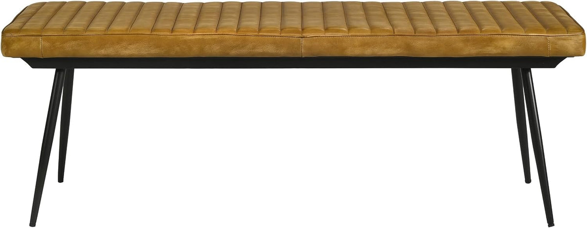 Pemberly Row Leather Upholstered Cushion Bench, 54"W x 15"D x 19"H, Camel Goat Leather, Black Metal Legs, Channel Tufted Design, Modern Farmhouse Style, Comfortable Seating for Dining Room or Bedroom