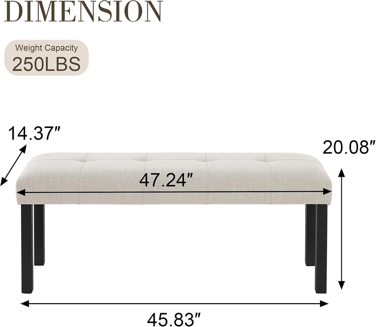 Dining Bench, Rubber Wood Dining Room Bench with Linen Upholstered Seat, for Kitchen, Living Room, Hallway, Kitchen, Entryway, Beige
