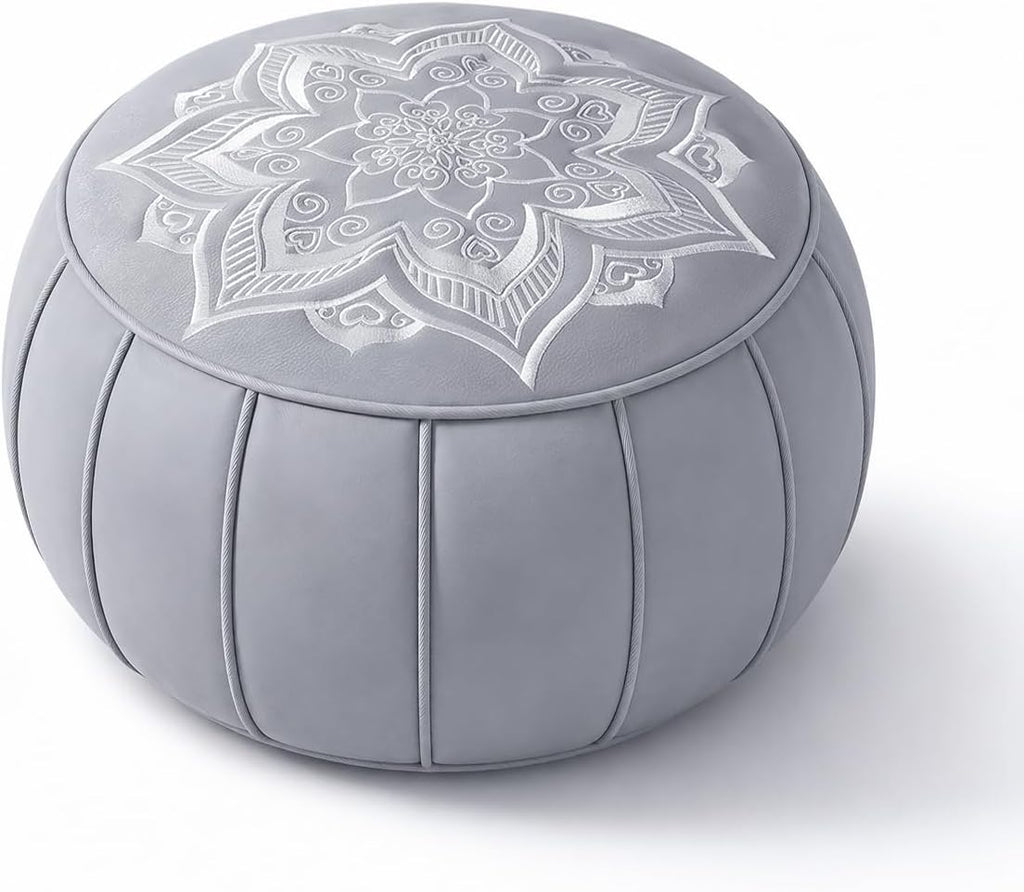 Round Pouf Cover, Premium Leather Ottoman Cover 19in / 48cm, Unstuffed Floor Pouf with Handcrafted Embroidery, Boho Footrest for Living Room, Meditation Cushion, Home Decor (Grey)