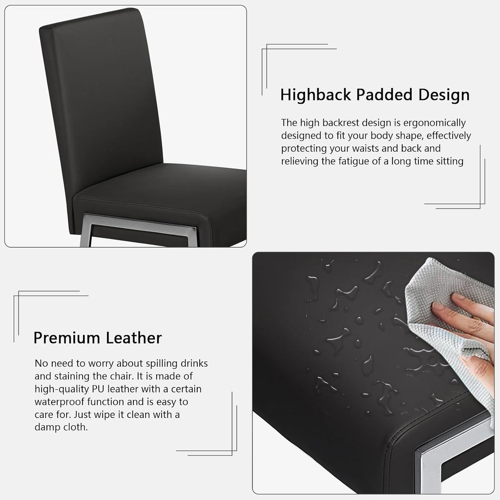 Modern Dining Chair Set of 2, Comfortable Dining Chair with Thick Cushions | Upholstered Leather Kitchen Side Chair with Metal Feet for Home, Kitchen, Living Room, Dining Room and Cafeteria, Black