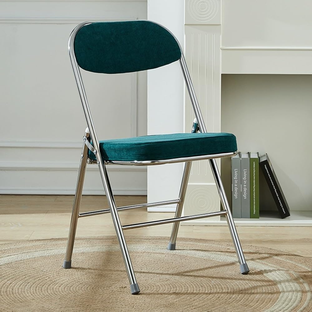 Corduroy Fabric Folding Chair, Home Balcony Retro Folding Chair, Metal Foldable Stool Chair with Backrest for Photo Office Meeting Chair(Blue+Silver)
