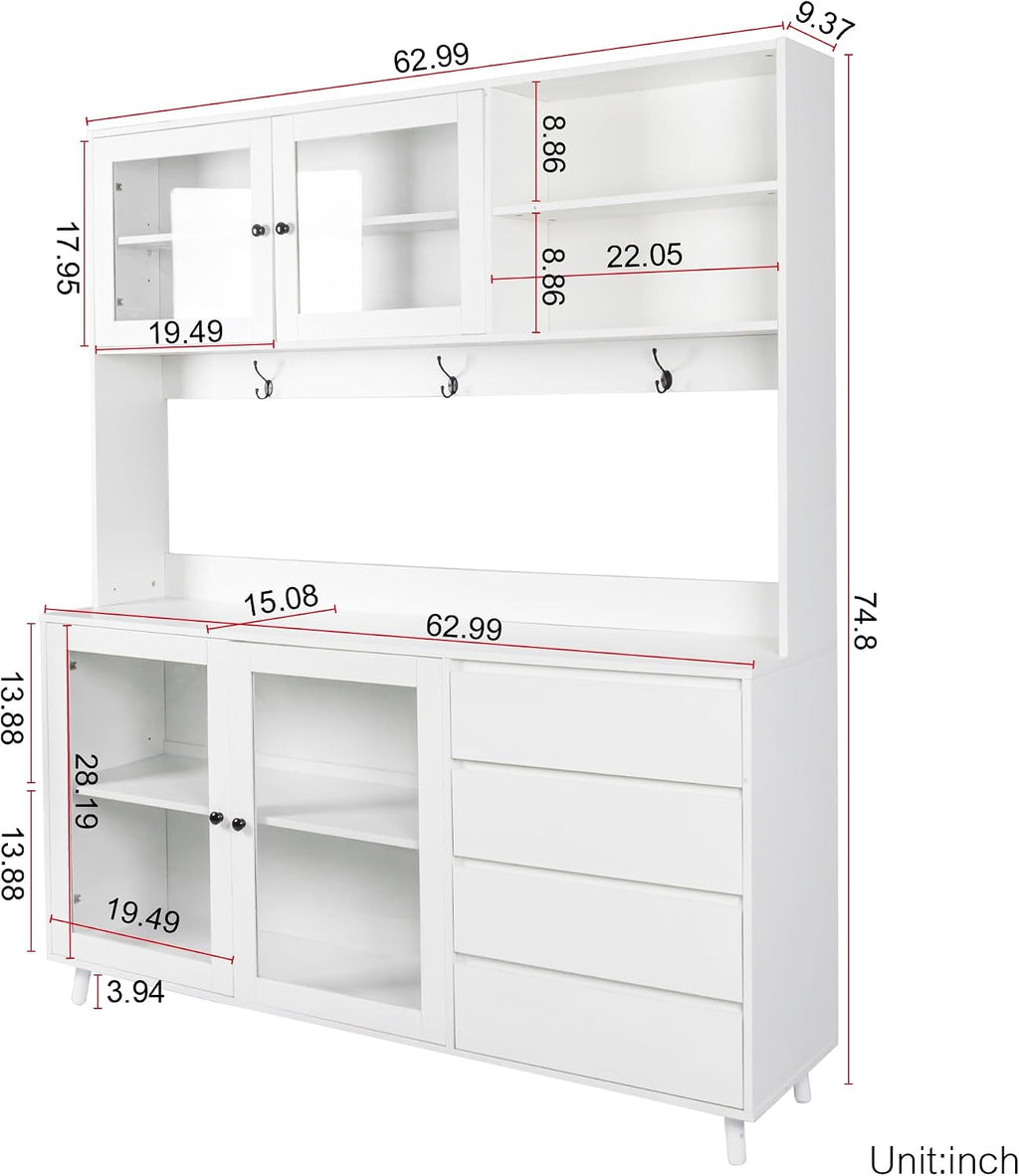 63" W Large Kitchen Hutch Cabinet, Freestanding Pantry Cupboard with 4 Doors, 4 Drawers & Microwave Shelf,for Kitchen Dining Room Bedroom (White#L)