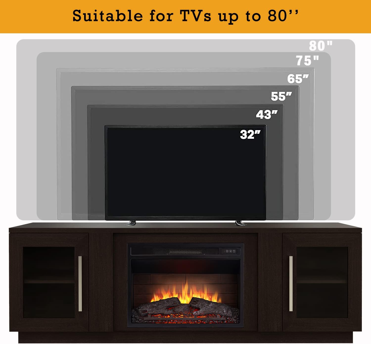 Cheerway 3D Fireplace TV Stand for TVs up to 80’’, Wooden Media Entertainment Center Table & TV Cabinets w/Storage Shelves & Barn Door, Electric Fireplace w/Remote Control
