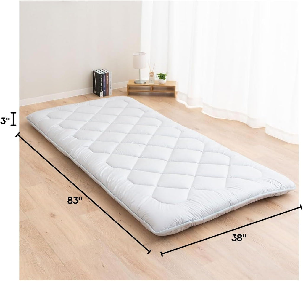 EMOOR Japanese Floor Futon Mattress Anti-Sag Twin-XL Made in Japan 100% Cotton Chip Foam Gray, Shikibuton Foldable Sleeping Bed Tatami Mat
