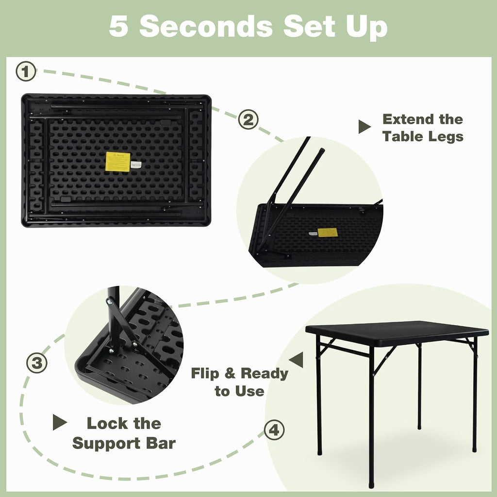3ft Rectangular Folding Table for All-Occasion, Foldable Table with HDPE Tabletop and Steel Legs, Durable and Stable Small Folding Table, Perfect for Camping, Picnic, Party, Indoor & Outdoor, Black