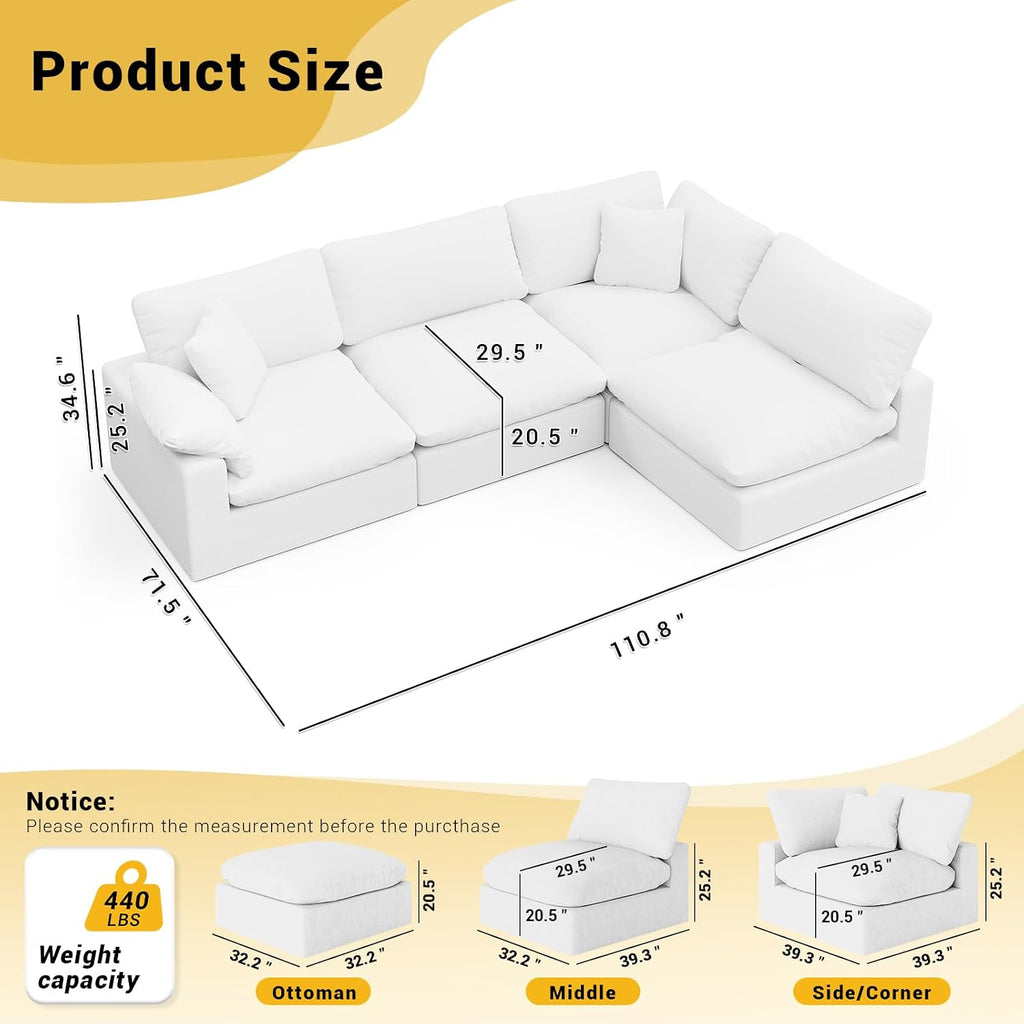 Cloud Modular Couch for Living Room,V Shape Linen Blend Sofas,Modern Deep Seat Cloud Sofas,Convertible Comfort Down Filled Sectional Couches,Removable Washable Cushion Covers,White