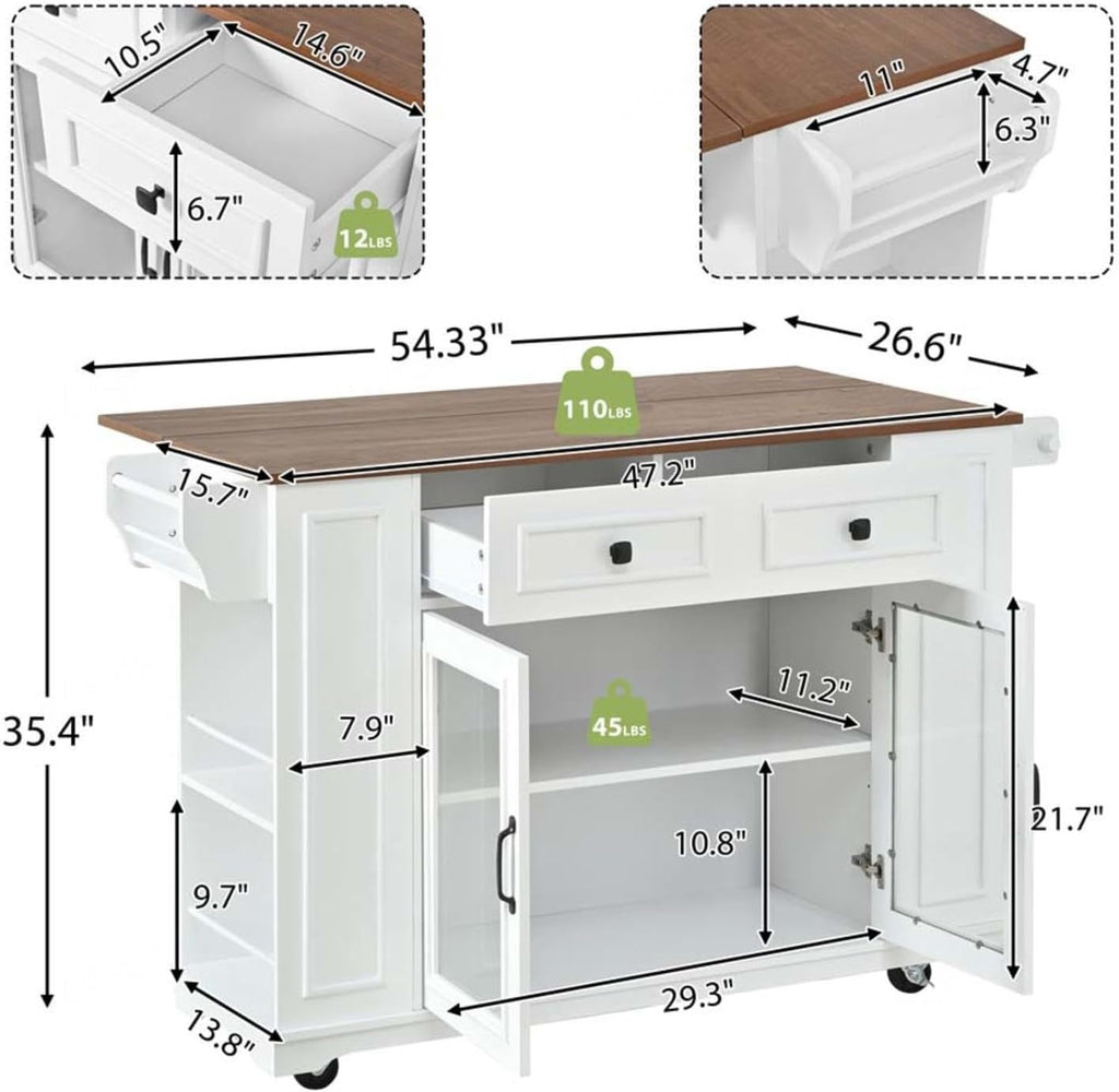 Narrow Kitchen Island with Internal Storage Rack, Power Outlet and Open Shelves, Kitchen Island Table with Spice Rack, for Kitchen, Dining