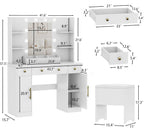 HUANLEGO Vanity Desk with Mirror and Lights, Makeup Vanity with Charging Station & Vanity Stool, 3 Drawers and Cabinets White Vanity Mirror with RGB LED Lights Vanity Desk and Chair for Women