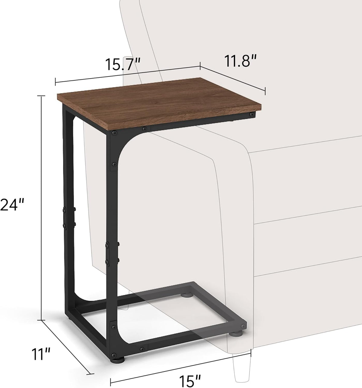 C Shaped End Table, C Shaped Under Couch Slider, Small Wood Under Sofa Sliding Side Table, for Living Room, Bedside, Laptop, Computer, TV Dinner, or Recliner, Walnut
