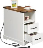 HOOBRO Narrow End Table with Drawers, Farmhouse Nightstand with Charging Station, 3 Storage Shelves on the Back, Slim Bedside Table for Living Room, Bedroom, Small Space, White and Walnut WH362UBZ01