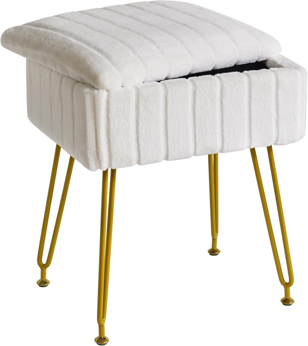 IBUYKE Vanity Chair with Storage, Faux Fur Footrest Ottoman, White LG-50W | Small Side Table Vanity Stool Makeup Room Bedroom Anti-Slip Feet