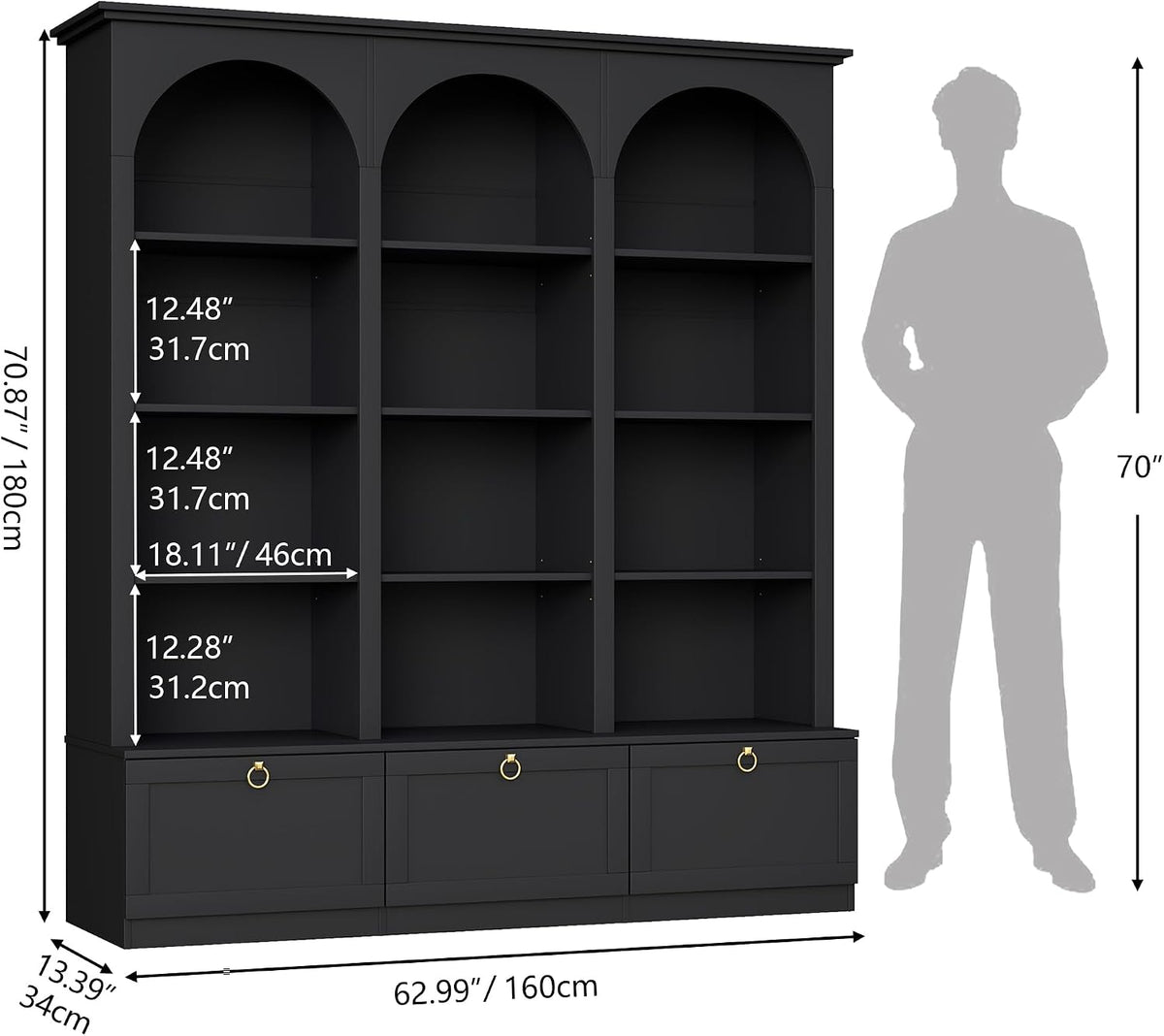 71" Tall Triple Wide Bookshelf with Doors, 5-Tier Large Arched Bookcase