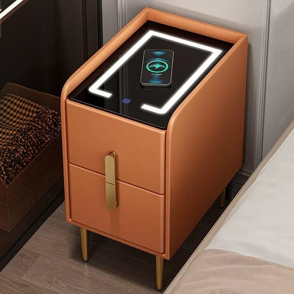 Nightstand with 2 Drawers, Solid Wood Side Bed End Table, Narrow Storage Night Stand Table, Small Organizer Night Stand for Bedroom(Orange,25cm/9.8in)